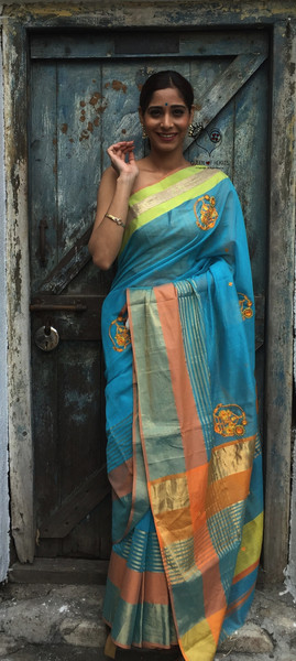 Nath Design 5 Aqua Blue Gold & Orange Maheshwari Saree
